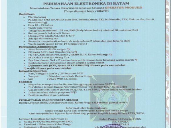 Perusahaan Elektronik di Batam (Operator Produksi)